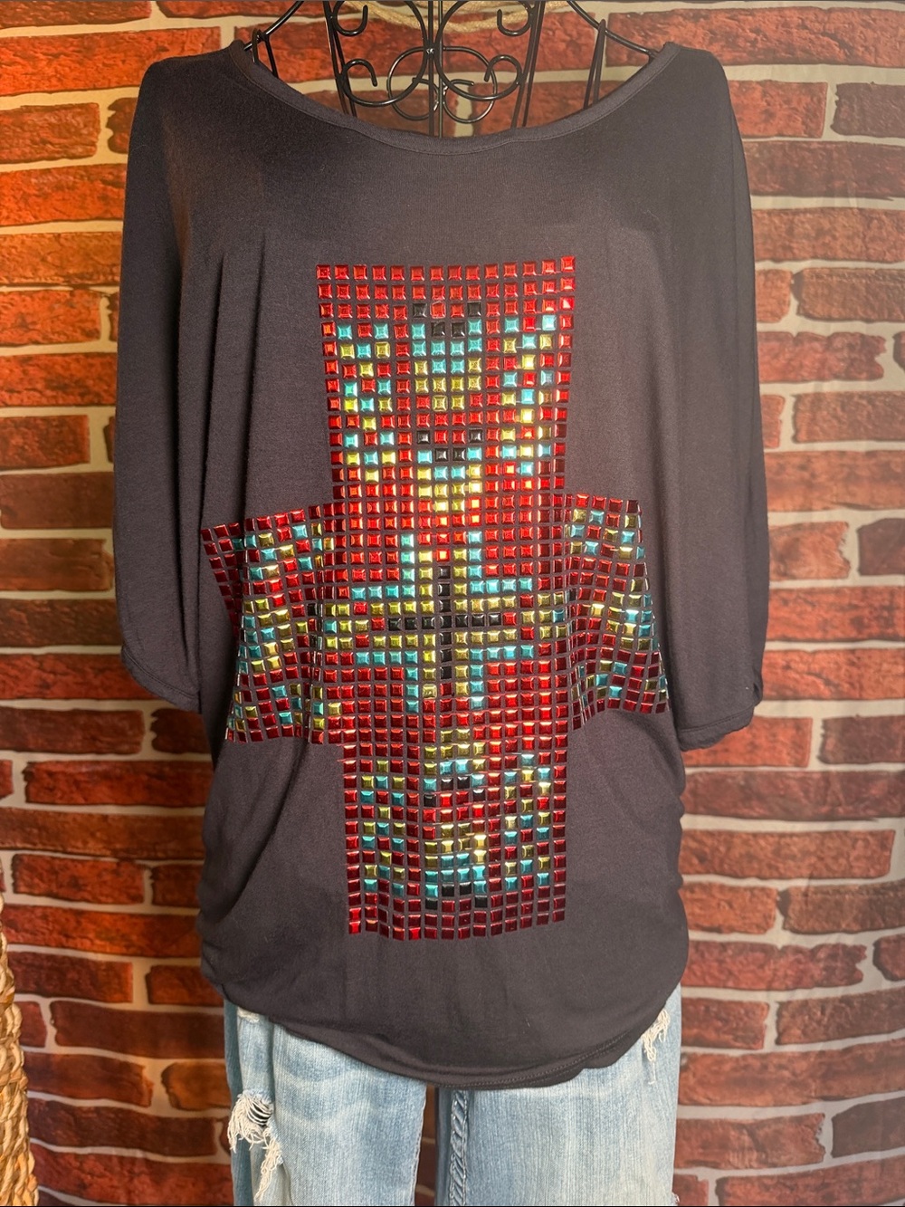 👚 Rock & Roll Cowgirl Studded Cross Dolman Tunic Shirt — Red/Turquoise — Sz L